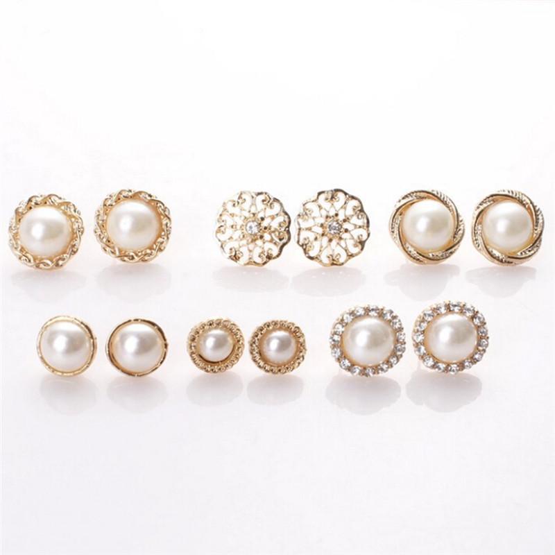 6 пар элегантных крошечных сережек-гвоздиков с кристаллами, стразами, бриллиантами и жемчугом