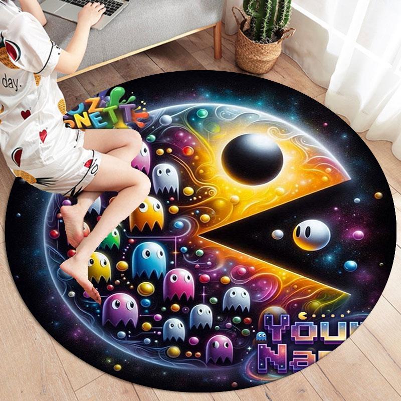 Pac-Man Custom Name Round Area Rug,Carpet Rug for Living Room Bedroom Sofa Playroom Decor,Non-slip Floor Mat