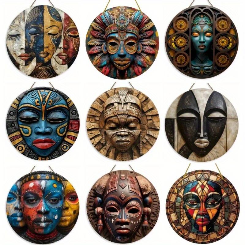 Wood Unique African Mask Circular Wooden Sign with Artistic Design, Suitable for Door, Wall, Home, Room, Farmhouse, Street, Shop, Garage, Bar, Garden