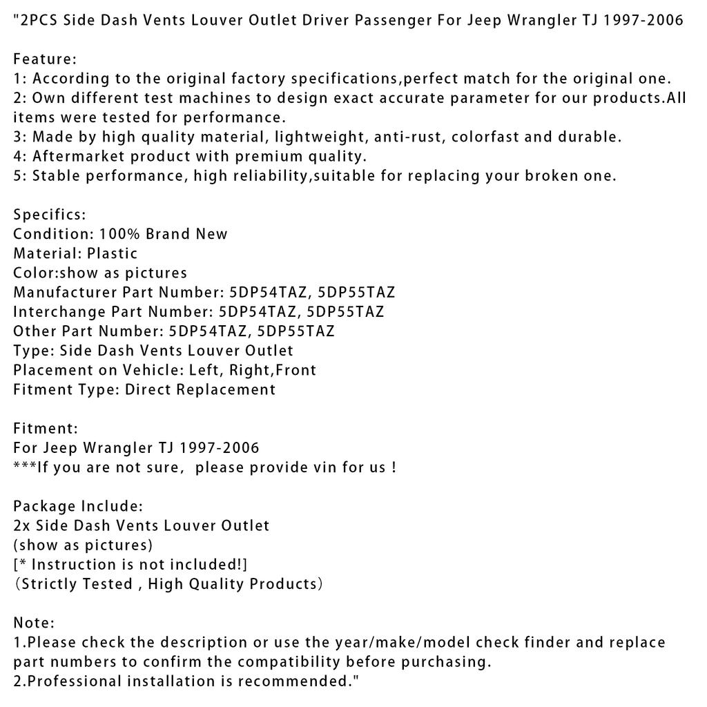 2 ШТ. Боковые вентиляционные решетки на приборную панель, выход водителя и пассажира для Jeep Wrangler TJ 97-2006