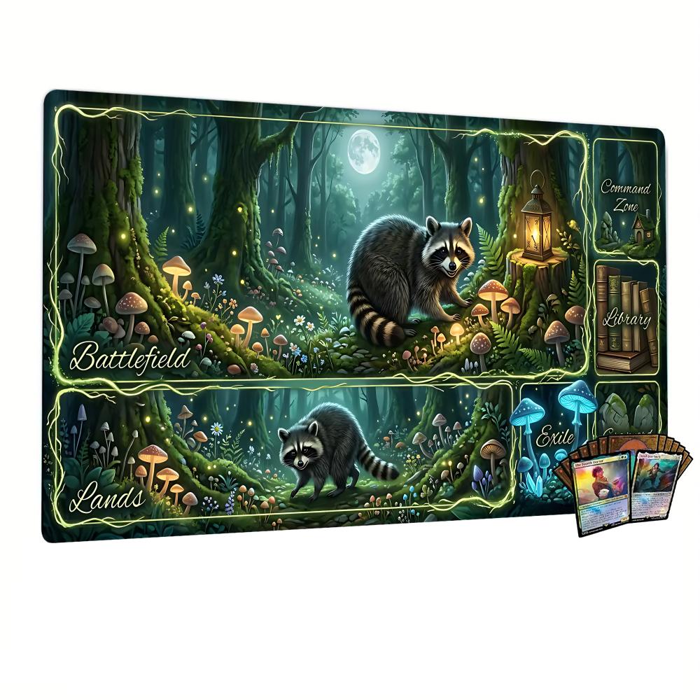 Forest Raccoon Mushroom Moon Game Mat Mouse Pad Playmat 24"X14" MTG TCG Office Desk Mat for Work Game PC Laptop Rug MousePad