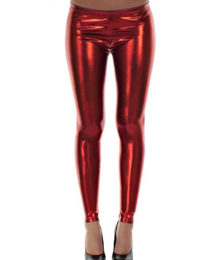 European-American Fashion Faux Patent Leather Mid-Waist Stretch Pants - Bright, Nine-Point Length