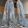 Girls' Retro Graffiti Wide-Leg Jeans: Fashionable Scimitar Pants for Middle School Students