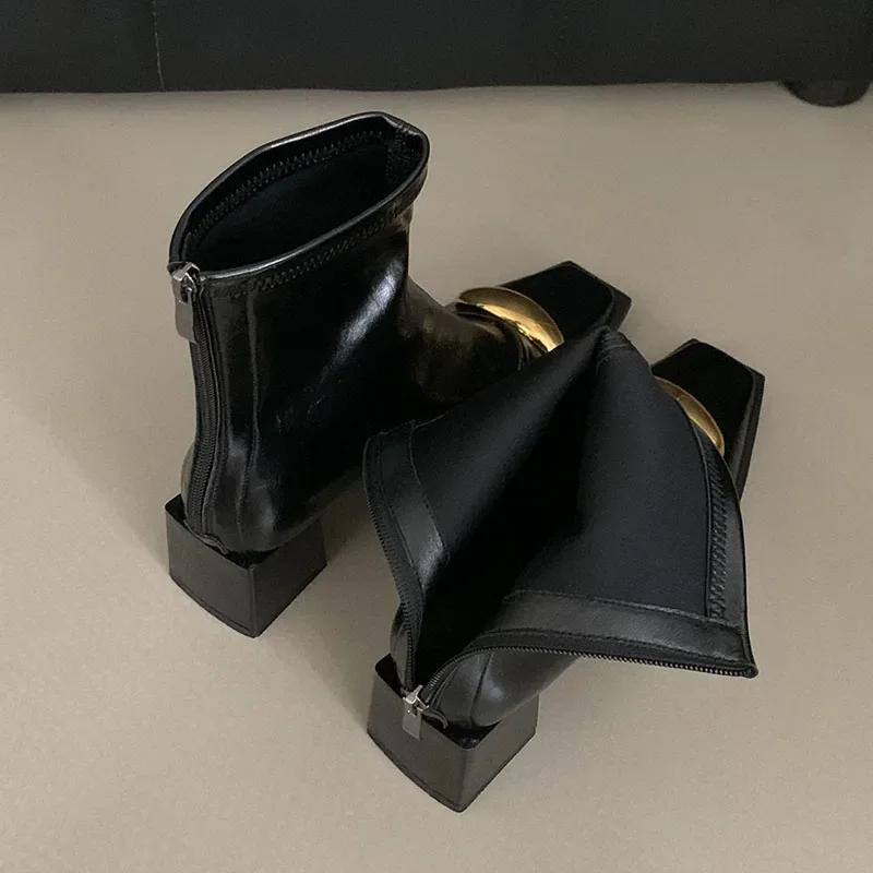 Мода Новая Обувь Дизайнер Металл Женские Эластичные Ботильоны Мода Молнии Обувь Квадратные Каблуки Дамские Современные Короткие Ботильоны Обувь