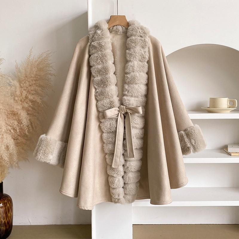 Womens Plus Size Faux Rabbit Fur Collar Knit Cardigan Cape Coat Winter Streetwear