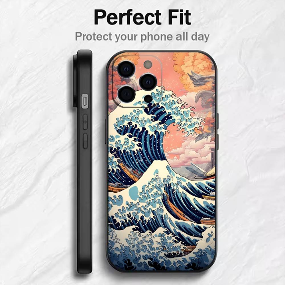 Японская живопись Укиё-э Волны Чехол для телефона Для iPhone 17, 16, 15, 14, 13, 12 Plus, Max Мягкий силиконовый Черный чехол
