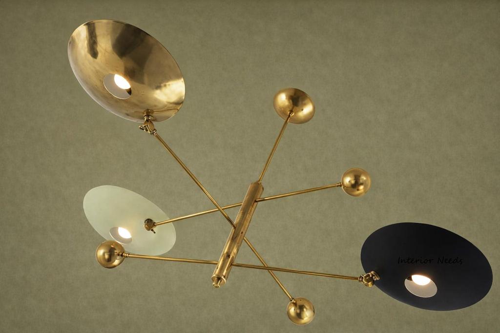 Mid Century Modern Brass Chandelier Sculptural Disc Shade Ceiling Light Vintage Hanging Fixture Home Decor