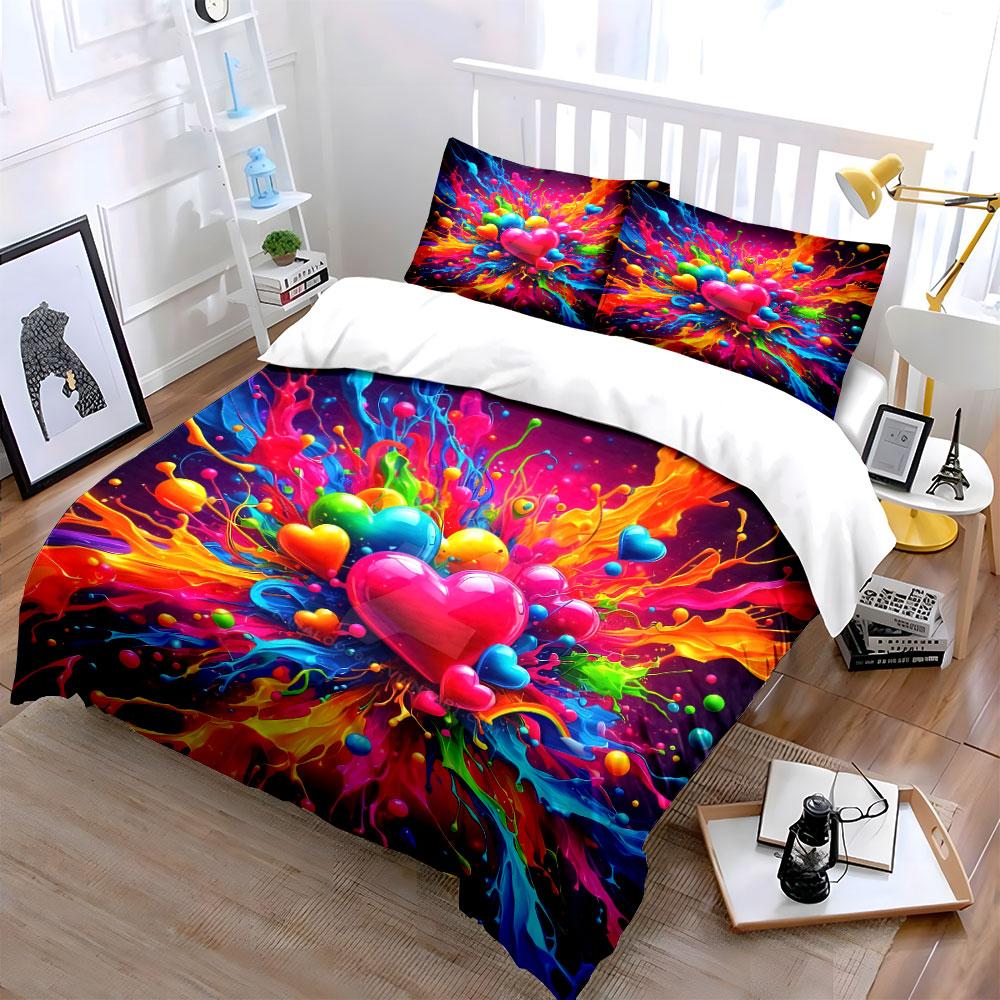 Colorful Heart Splash Artwork Decor Bedding Set with 1 Duvet Cover 2 Pillowcases Single Double King Queen, Gift