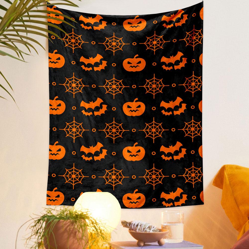 Halloween Bats, Pumpkins, and Web Pattern Patterned Tapestry Decorative Wall Hanging, Home Bedroom Living Room Decor