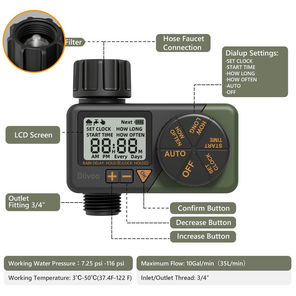 Diivoo Таймер капельного полива, 1/2 зоны, уличное автоматическое ирригационное оборудование с системой полива сада, садовые таймеры воды