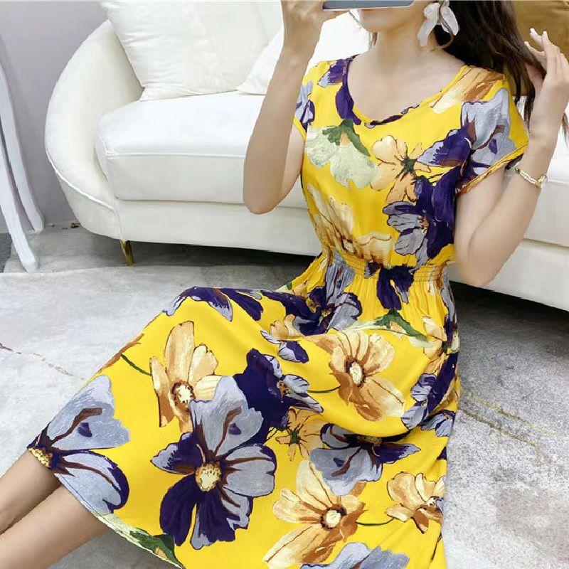 Летнее платье из хлопка и шелка в этническом стиле с цветочным принтом, модное элегантное платье больших размеров с короткими рукавами и средней длиной