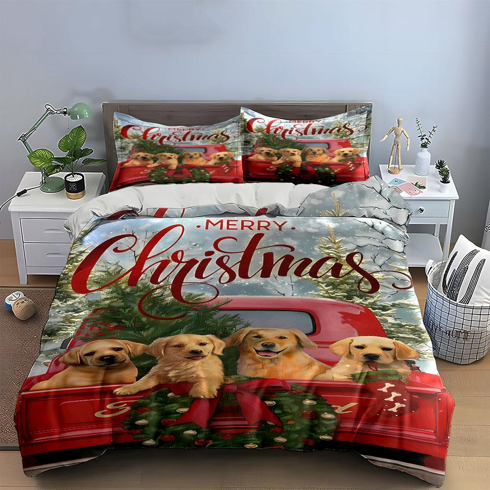 Golden dogs, Christmas truck. Bedding sets Duvet cover sets Duvet covers Pillowcases(1 * Duvet Cover 2 * Pillowcases without duvet insert)