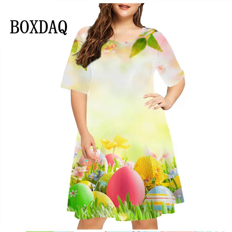 3D Cartoon Rabbit Print Dress Easter Egg Dress Women Short Sleeve Fashion Kawaii Casual Dresses Party Oversized Women Clothing
