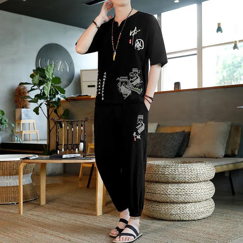 Летний костюм мужской китайский стиль вышивка хлопок и льняной костюм свободный повседневный костюм костюм с короткими рукавами