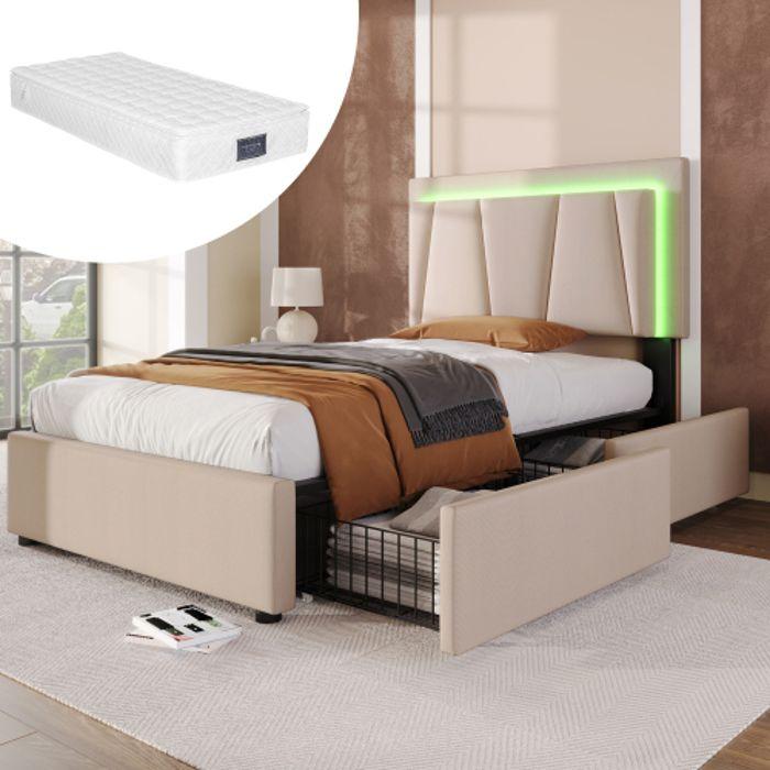 Lit simple 90x200 cm - MUVOE - Beige - Tête de lit réglable - Éclairage LED - 2 tiroirs de rangement