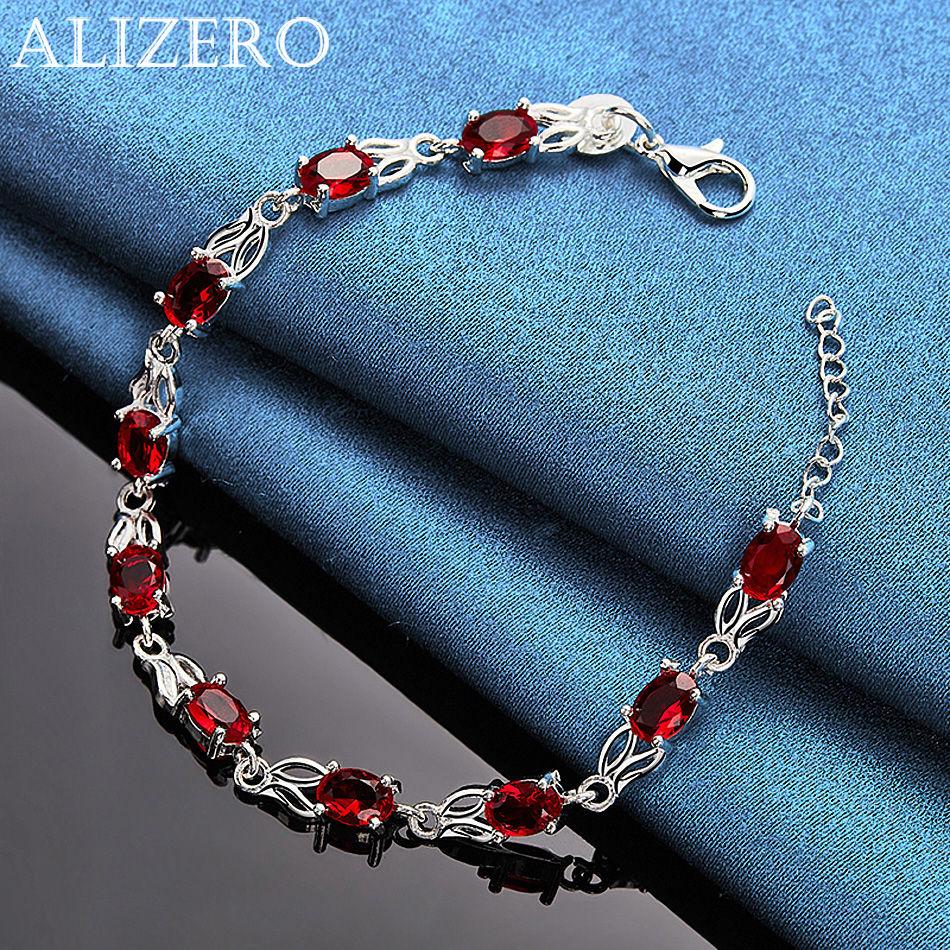 ALIZERO 925 Sterling Silver Bracelet Red Crystal Zircon Bracelets For Women Fashion Wedding Party Jewelry Gifts