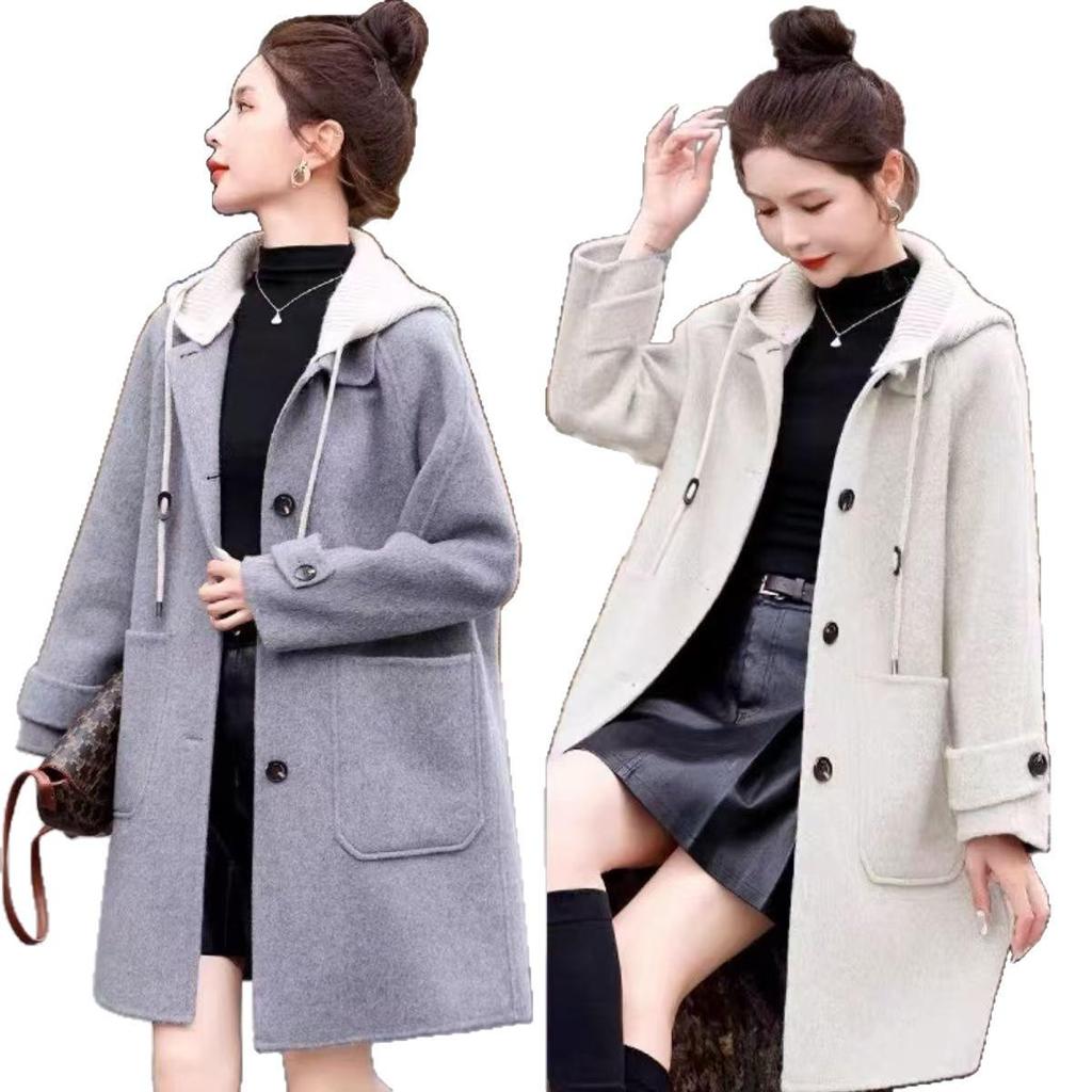 Женское шерстяное пальто с капюшоном большого размера - средней длины, свободного кроя, высококачественное повседневное для осени и зимы