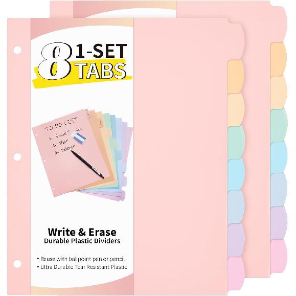 JARLINK 8 Tabs Dividers for 3 Ring Binder, Durable Plastic Write & Erase Binder Dividers for Letter Size, Cute Binder Dividers for Student, Teacher,