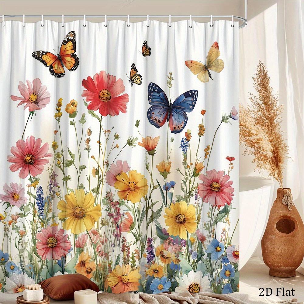 1pc Spring Floral Shower Curtain, Watercolor Botanical Floral Butterfly, Farm Wildflower Natural Botanical Modern For Home Hotel