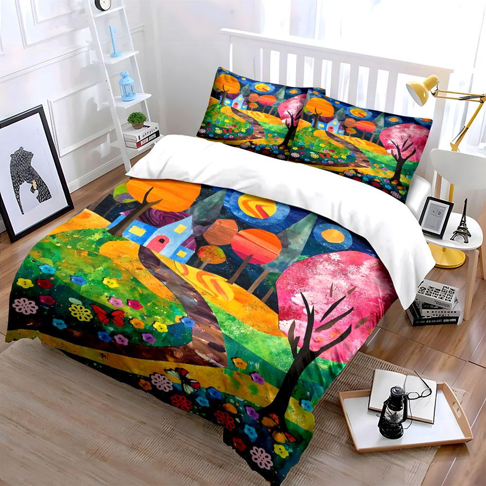 Colorful trees and house. Bedding sets Duvet cover sets Duvet covers Pillowcases(1 * Duvet Cover 2 * Pillowcases without duvet insert)