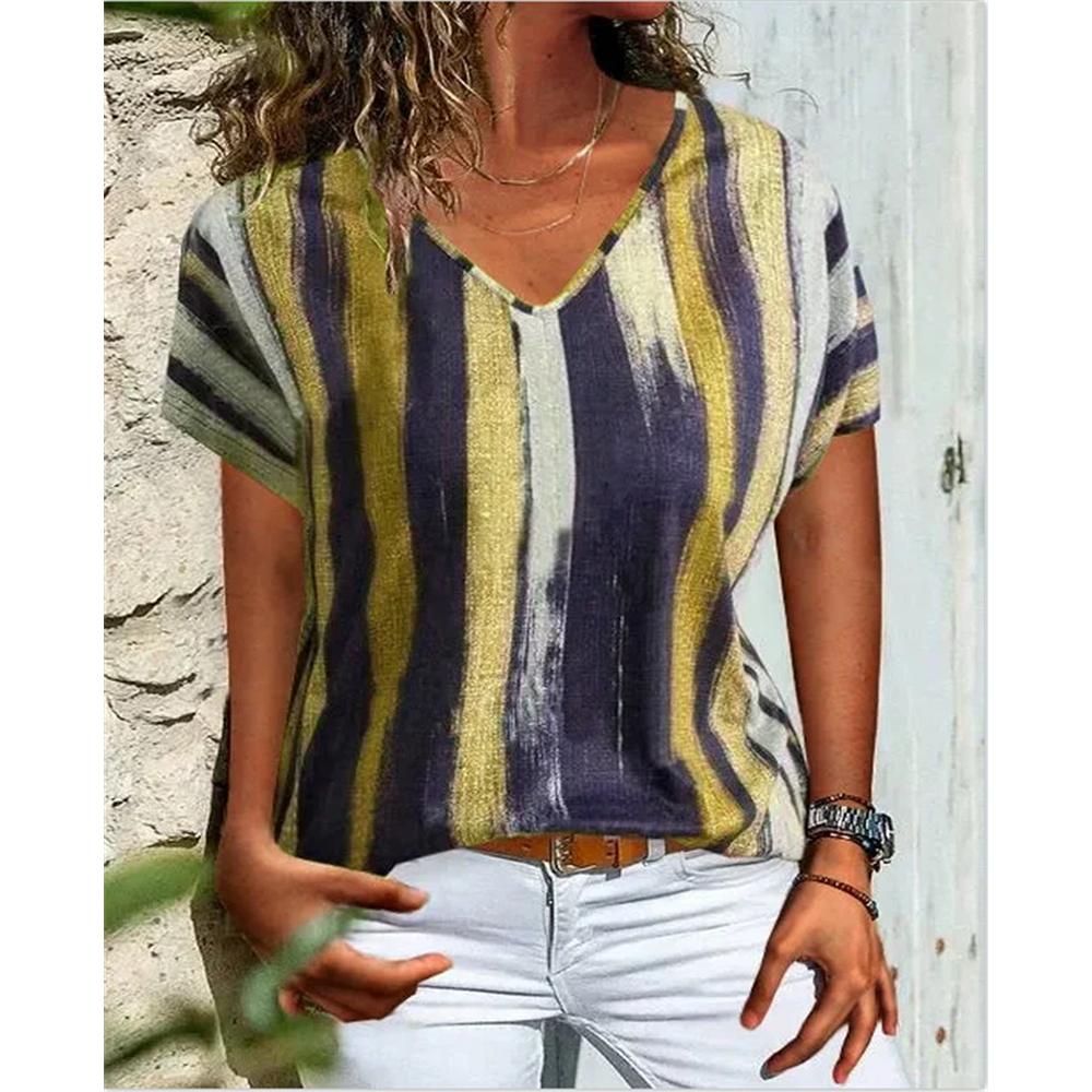 Striped Color Block 3D Printed T-Shirts Women's Casual Fashion Vintage Short Sleeve V-Neck T Shirt Girl Tees Tops Woman Clothing