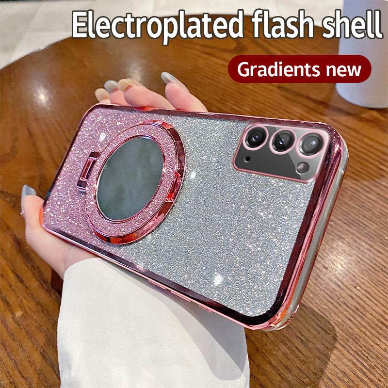 Luxury Bling Glitter Plating 3D Mirror Sequins Case For Samsung Galaxy Note 8 9 10 20 Ultra Magnetic Stand Lens Protection Cover