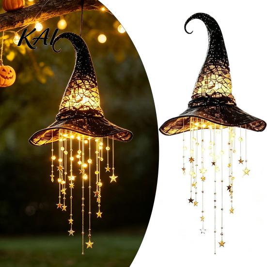 Indoor Halloween Hanging Ornaments Lighted Witch Hat Chime, LED Glowing Wizard with for Party Swinging Star Tassels, Outdoor Porch Ceiling Decorations