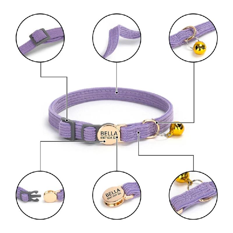 Personalized Engraved Cat Collar Adjustable Size Metal Buckle with Bell Custom Pet Name and Telephone Number