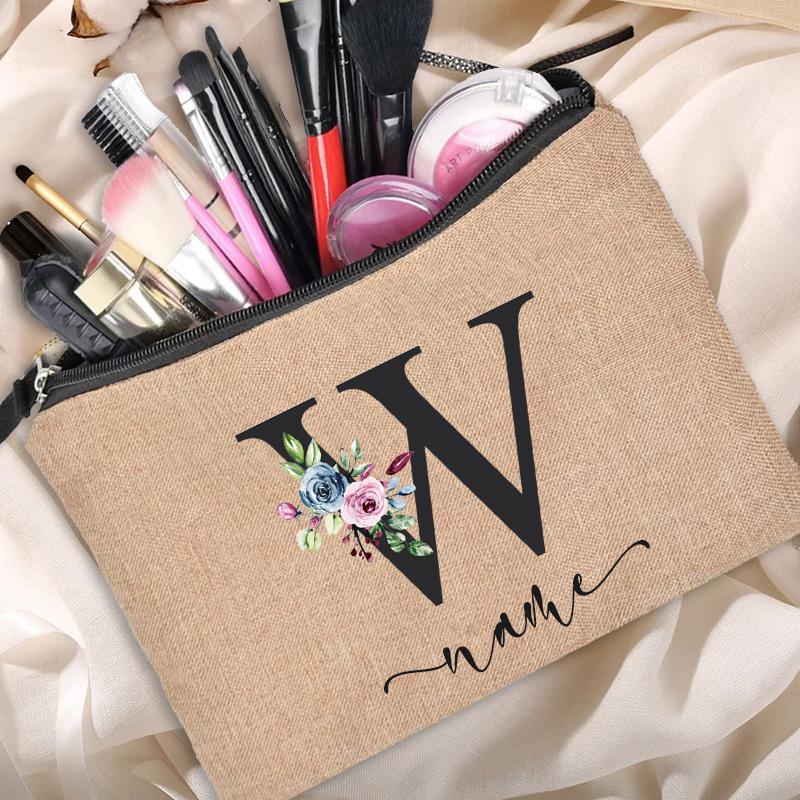 Linen Makeup Bag Customized Personalized Name Cosmetic Bag Bridesmaid Clutch Outdoor Travel Beauty  Bachelor Party Lipstick Bag