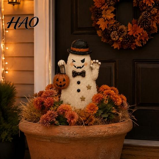 Spooky Pumpkin Yard Signs Halloween Cute Ghost Ground Stakes, Metal Art Sculpture with Pumpkin/Broomstick Elements for Outdoor Path Markers