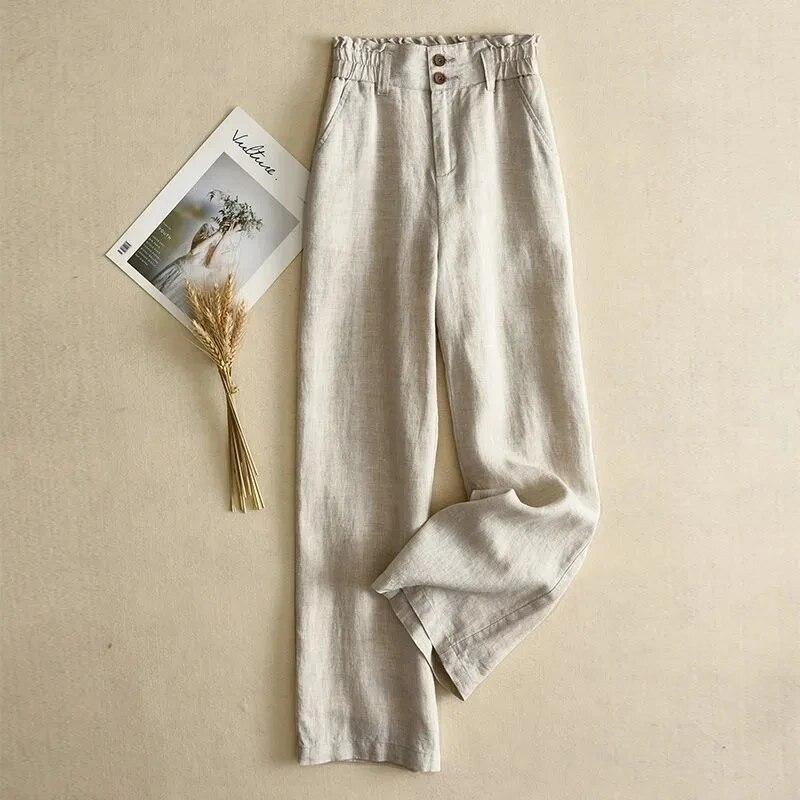 Beige Solid Casual Basic High Waist Linen Wide Leg Loose Women's Pants Korean Fashion Ankle-Length Pants For Women