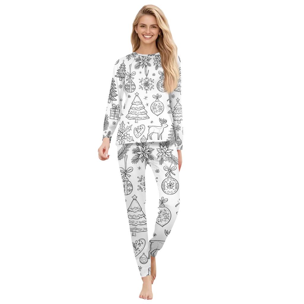 Сделай сам Раскрашиваемый костюм для родителей и детей - Рождественский принт Круглый вырез Длинный рукав Длинные брюки Домашняя одежда Костюм Весна