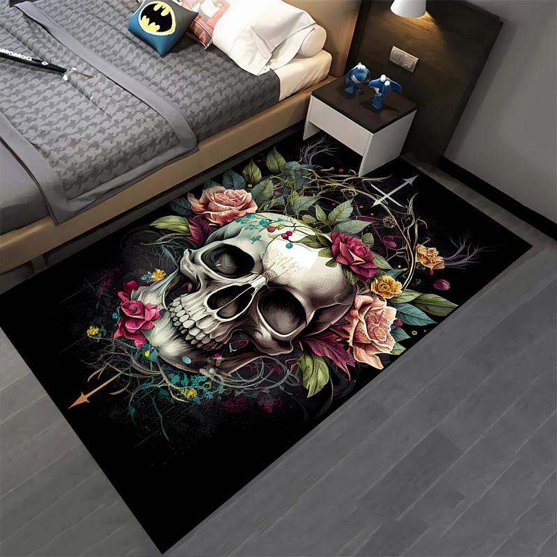 Floral Skull Print Carpet with Roses and Vintage Artistic Style Design Suitable for use as an anti-slip for living room bedroom sofas