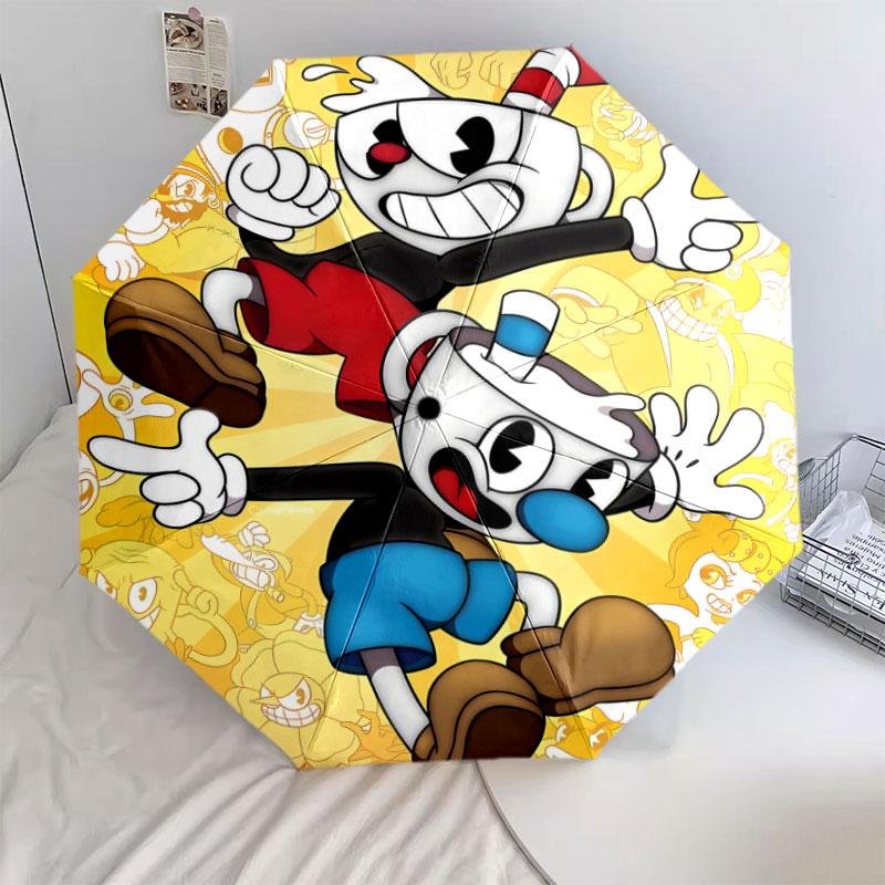 1 PC Automatic Folding Umbrella - Cuphead Cute Cartoon Pattern Portable Foldable Design With 8 Ribs Christmas Birthday Gifts