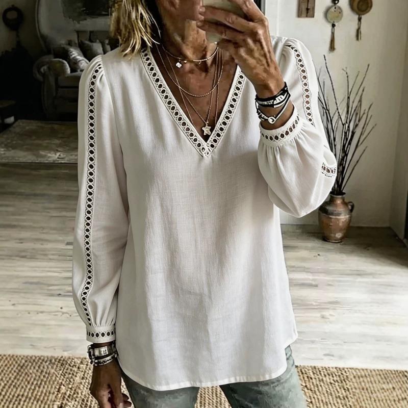 Hollow Out Loose Women's Blouse 2026 Long Sleeve V Neck Spring Autumn Lace Shirt Vintage Casual Solid Color Tops for Daily Life
