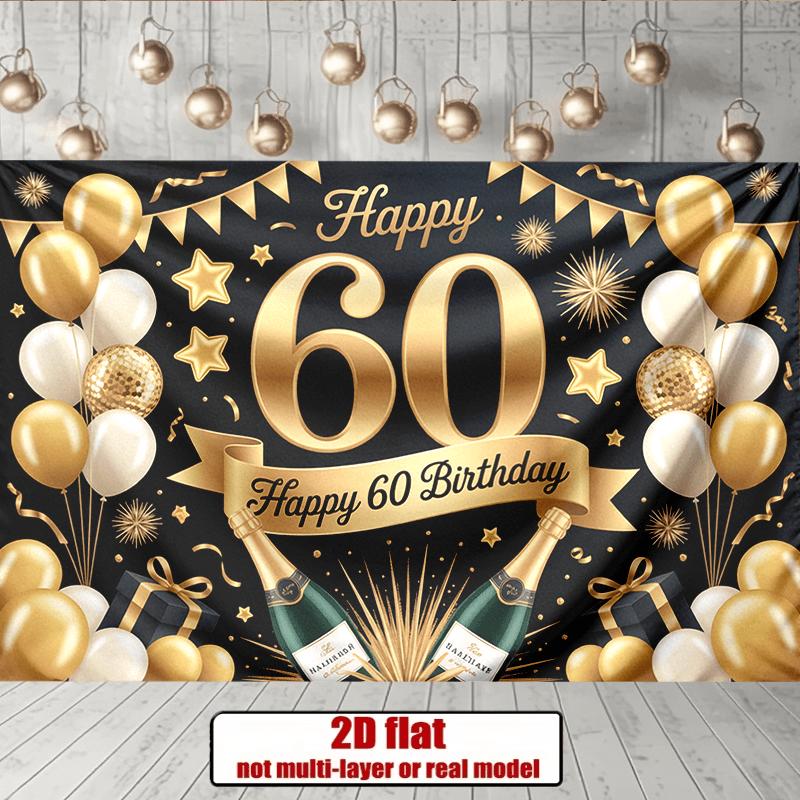 Party Backdrop 60Th Birthday Stars Flat Golden Balloons Champagne Bottles Multi Family Event Photo Background Front Door Decor