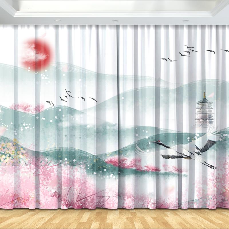 Новая китайская занавеска Японский пейзаж Полутеневая занавеска Печатный крючок для штор Спальня Гостиная Кухня Пол Окно Занавеска