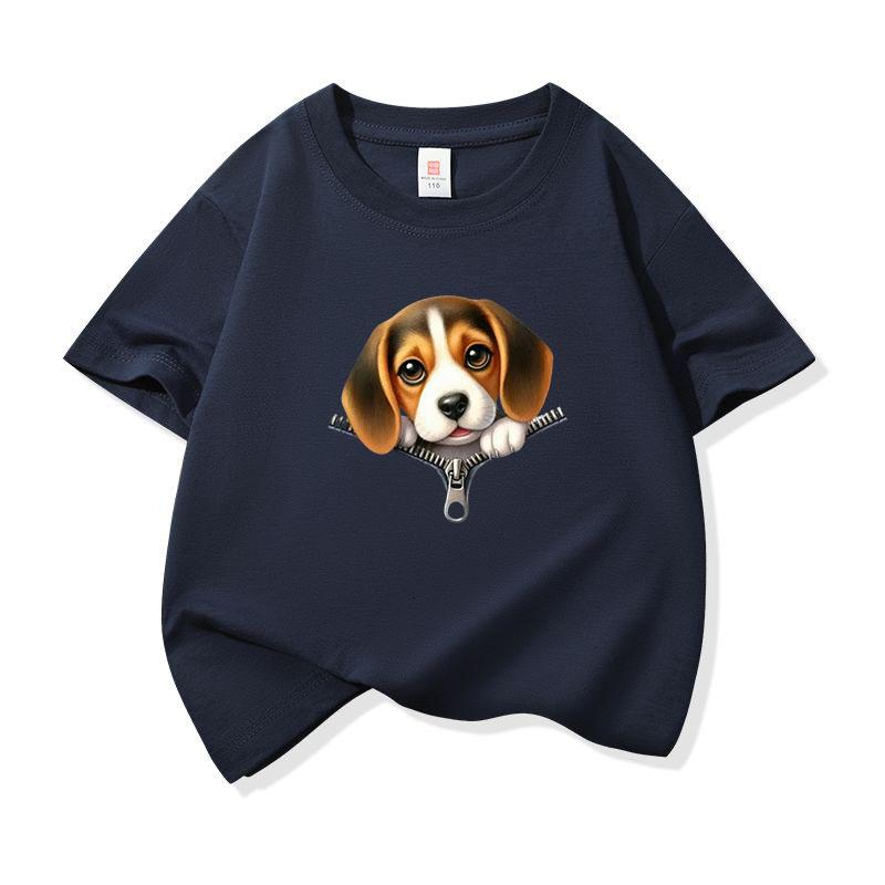 Kids Cotton T Shirt Cute Beagle Puppy Dog Zipper Print Crew Neck Short Sleeve Tee Casual Breathable Boys Girls Summer Tops