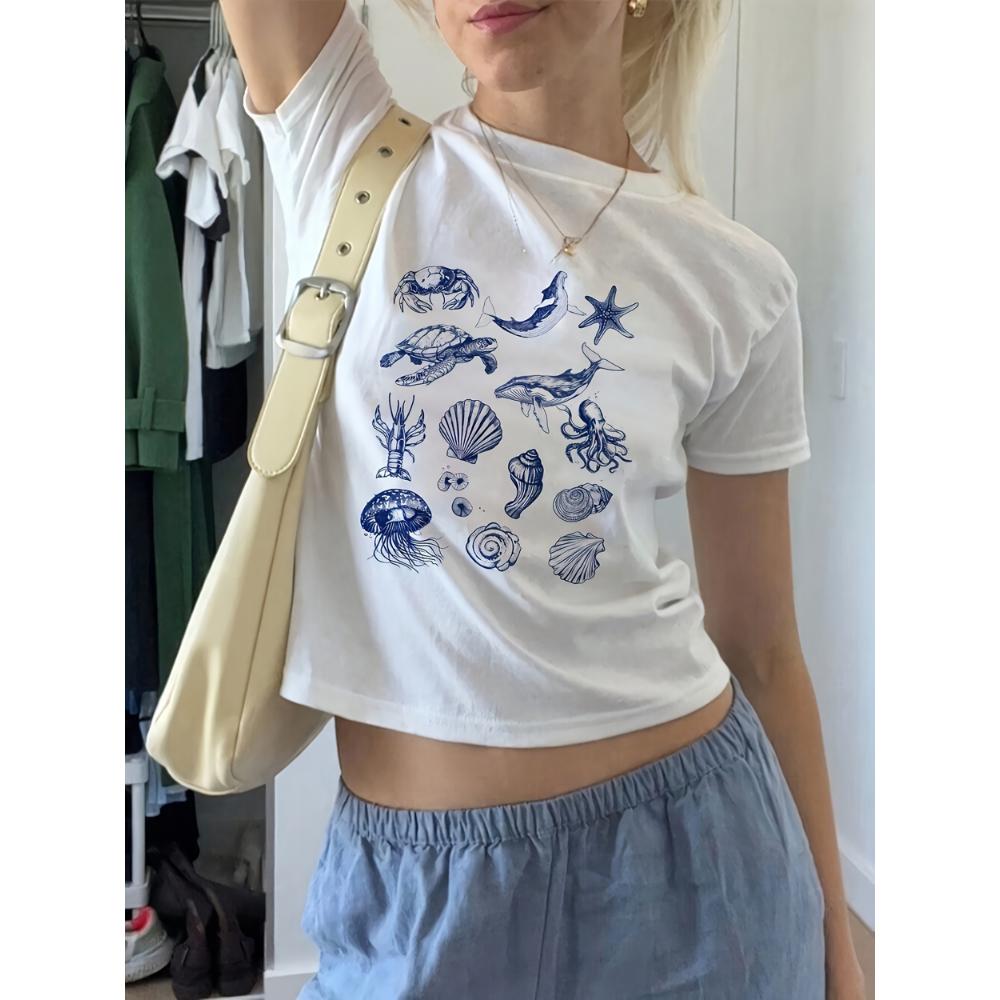 Ocean Animals Print Crew Neck T-shirt Short Sleeve Casual Top for Spring Summer Clothing Harajuku Short Sleeve Aesthetic Clothes