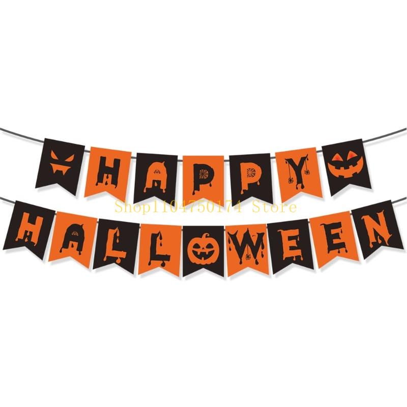 1Set Happy Halloween Banners with Pumpkins Sign Halloween Party Decorations Halloween Banners Hanging Party Supplies top sale