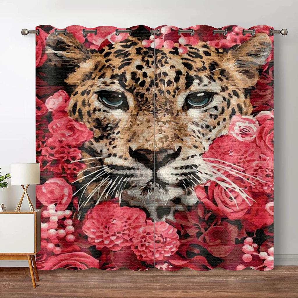 Leopard Flower Window Curtain Living Room Tiger Block Out Curtains For Bedroom Dorm Wild Lion Rose Aesthetic Home Decor 2 Panels