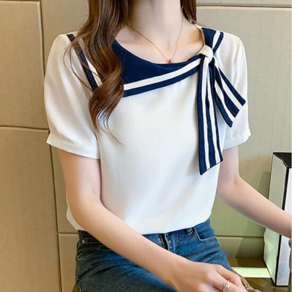 Navava NT3307 Casual Color Block Ribbon PoinT T shirT