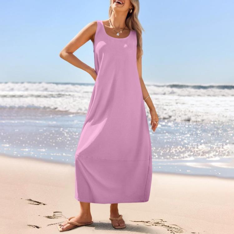 Summer Women's Casual Loose Sleeveless Round Neck Sundress Long Beach Dress