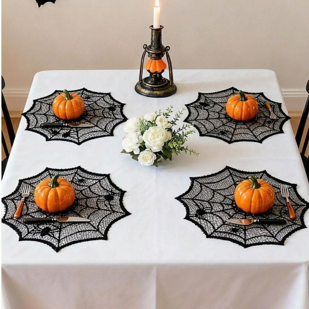 Polyester Spider Web Table Mat Hollow Out Halloween Placemats Practical Cup Plate Mats  for Home