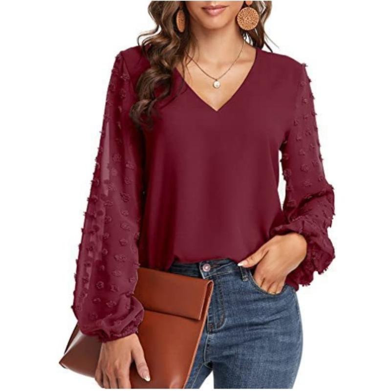 Женская одежда Рубашка с V-образным вырезом Повседневная однотонная рубашка для весны и осени