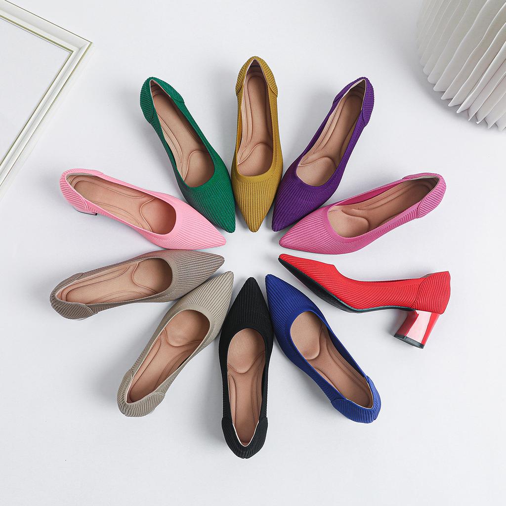 Fashion Pointed-toe High Heel Women's 2025 Spring and Autumn New Soft Knitted Breathable and Comfortable Rubber Soled Work Shoes