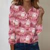 Women's Fashion Casual V-Neck Long Sleeve Decorative Button Christmas Print Top