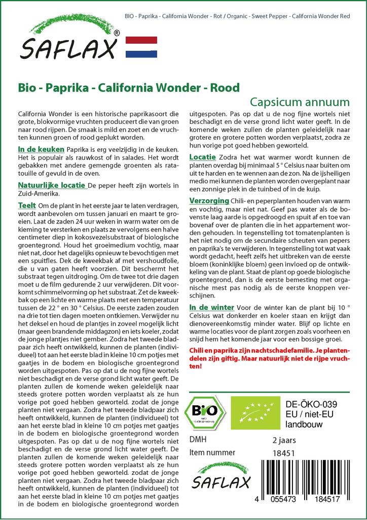 SAFLAX Organic - Sweet Pepper - California Wonder Red - 20 Seeds - Capsicum Annuum