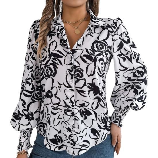 Women Shirt Lapel Lantern Long Sleeve Elastic Cuffs Casual Tops Single Breasted Flower