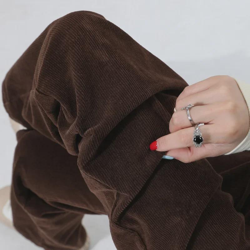 Женские коричневые вельветовые брюки широкого кроя: Высокая талия, ретро-стиль для мытья полов на осень и зиму